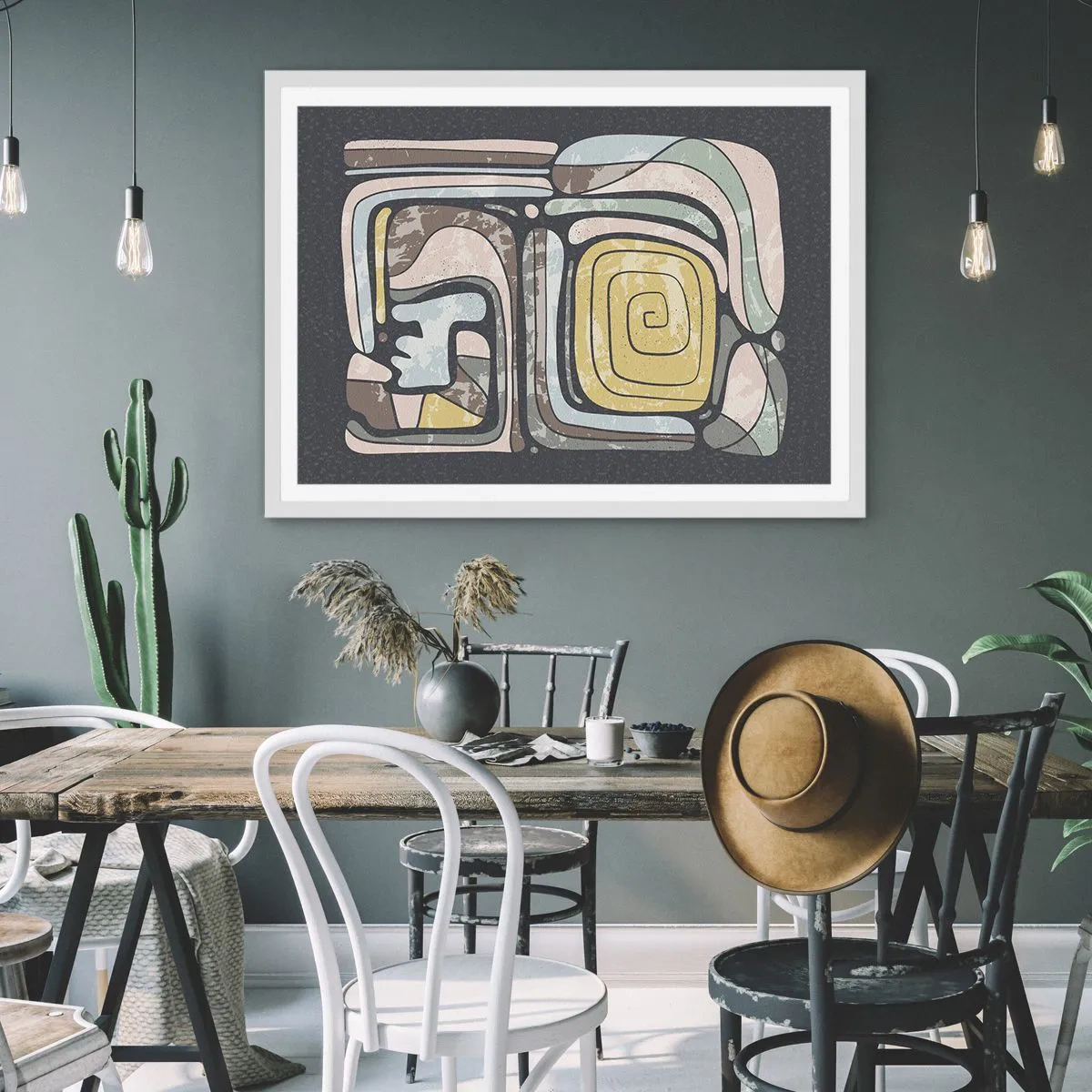 Plakát v bílém rámu - Abstrakce v předkolumbovském duchu - 50x40 cm