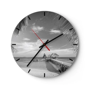 Nástěnné hodiny - Černobílé molo s altánem na oceánu a palmami v záběru. - 30x30cm - Vzpomínka nebo sen? - Moderní nástěnná dekorace do obývacího pokoje, kuchyně a ložnice ARTTOR