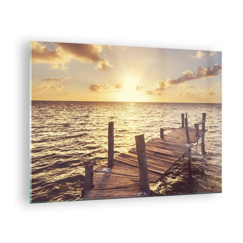 Obraz na skle - Dřevěné molo na pozadí zapadajícího slunce - 70x50cm - Zlatá země laskavosti - Moderní nástěnná dekorace do obývacího pokoje a ložnice ARTTOR