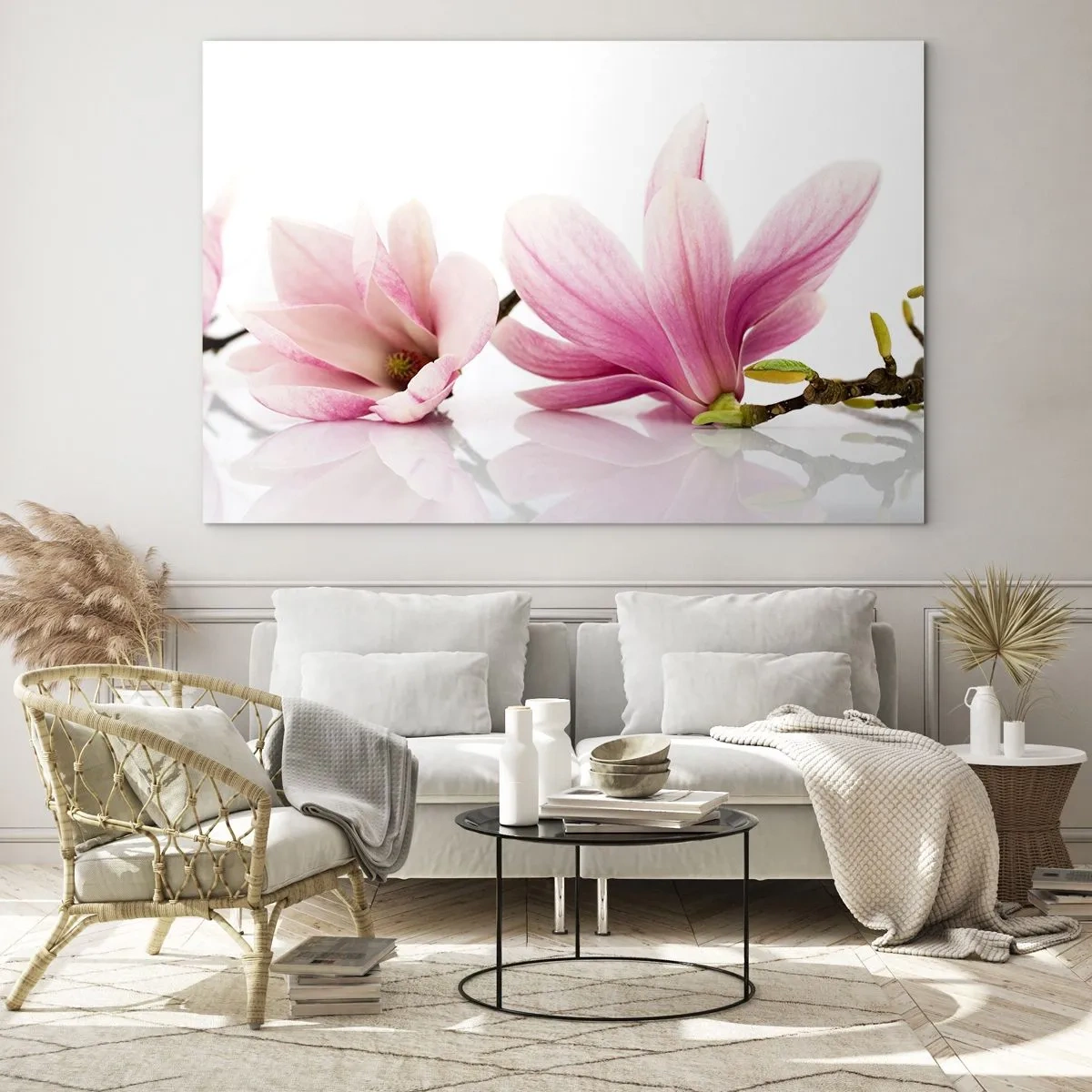 Obraz na skle - Křehké květy magnólie na bílém pozadí - 70x50cm - Jemné jako závan jara - Moderní nástěnná dekorace do obývacího pokoje a ložnice ARTTOR