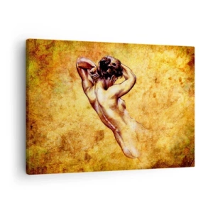Obraz na plátně - Umělecký ženský akt na zlatém pozadí v klasickém stylu - 70x50cm - Odhalené, ale stále tajemství - Moderní nástěnná dekorace do obývacího pokoje a ložnice ARTTOR