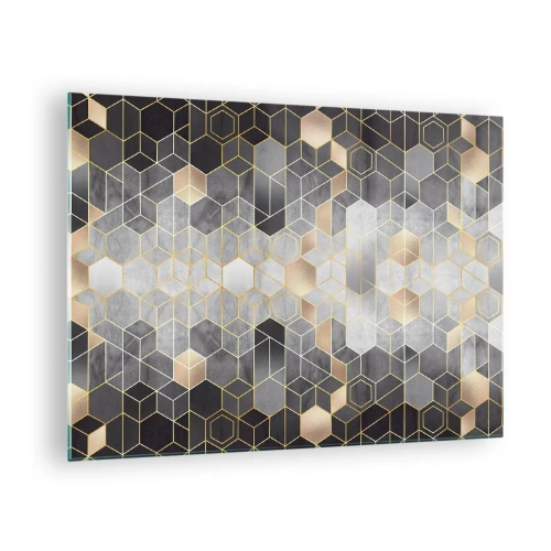 Obraz na skle - Geometrický vzor šestiúhelníků ve zlatých liniích - 70x50cm - Diamantová kompozice - Moderní nástěnná dekorace do obývacího pokoje a ložnice ARTTOR