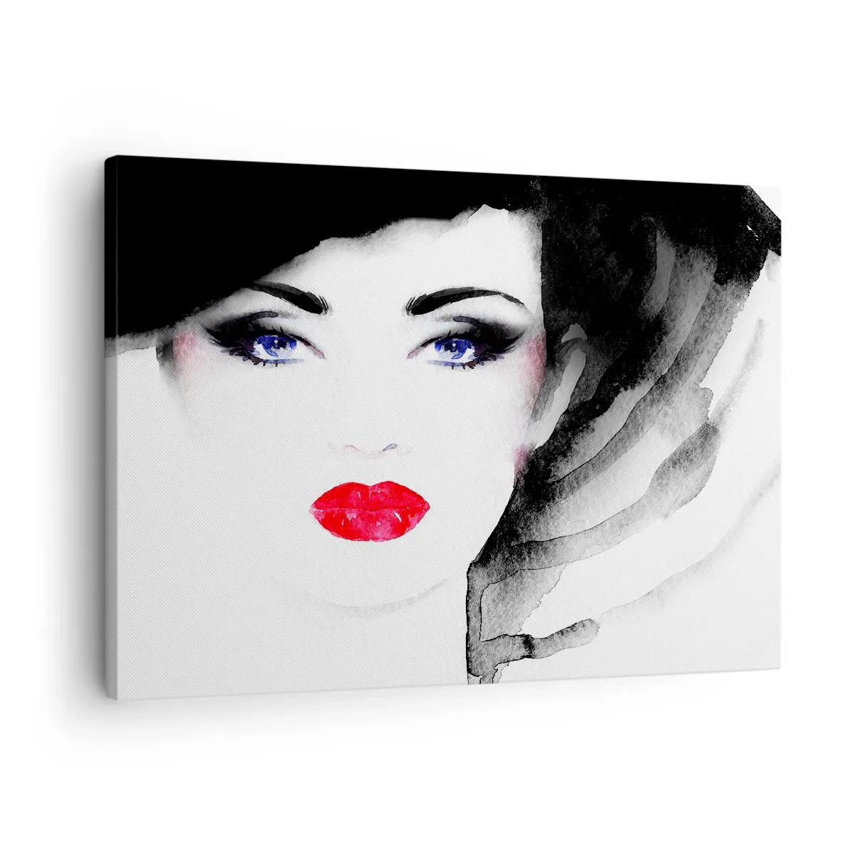 Obraz na plátně - Portrét ženy s rudými rty a intenzivně modrýma očima - 70x50cm - Odhání a přivolává - Moderní nástěnná dekorace do obývacího pokoje a ložnice ARTTOR