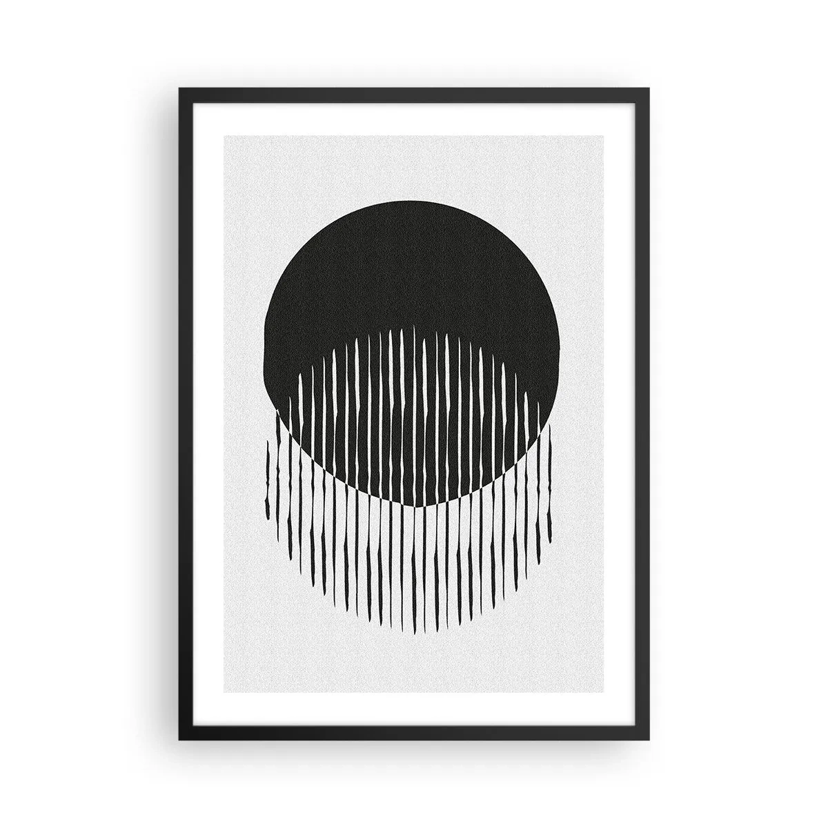 Plakát v černém rámu - Abstraktní kompozice černého kruhu a svislých čar - 50x70cm - Jeho alter ego - Moderní nástěnná dekorace do obývacího pokoje a ložnice ARTTOR