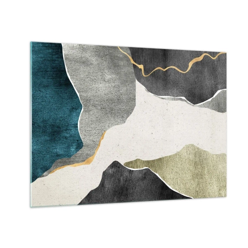 Obraz na skle - Abstraktní mozaika s organickými tvary a zlatou linií - 70x50cm - Mozaiková kompozice se zlatou nití - Moderní nástěnná dekorace do obývacího pokoje a ložnice ARTTOR