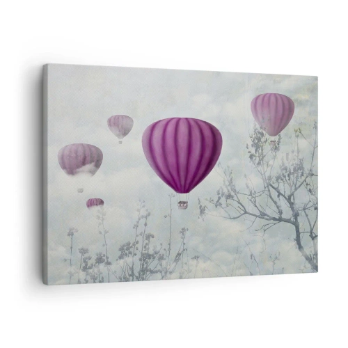 Obraz na plátně - Fialové balónky vznášející se nad stromy v oblacích - 70x50cm - Jako lodě na obloze - Moderní nástěnná dekorace do obývacího pokoje a ložnice ARTTOR