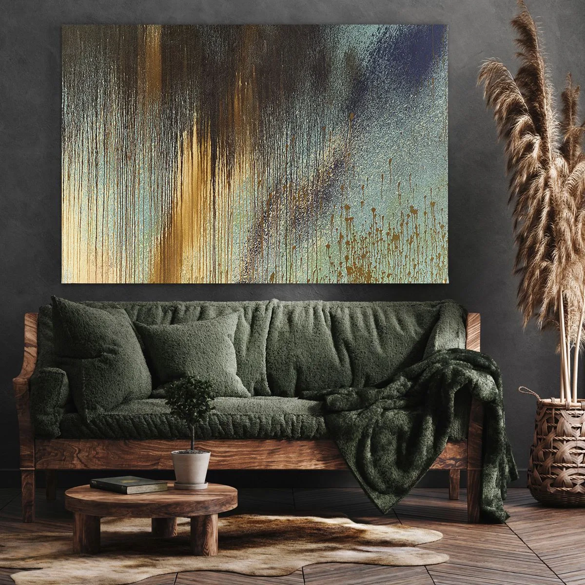 Obraz na plátně - Abstraktní kompozice barev v odstínech zlaté, hnědé a modré. - 70x50cm - Nenáhodná barevná kompozice - Moderní nástěnná dekorace do obývacího pokoje a ložnice ARTTOR