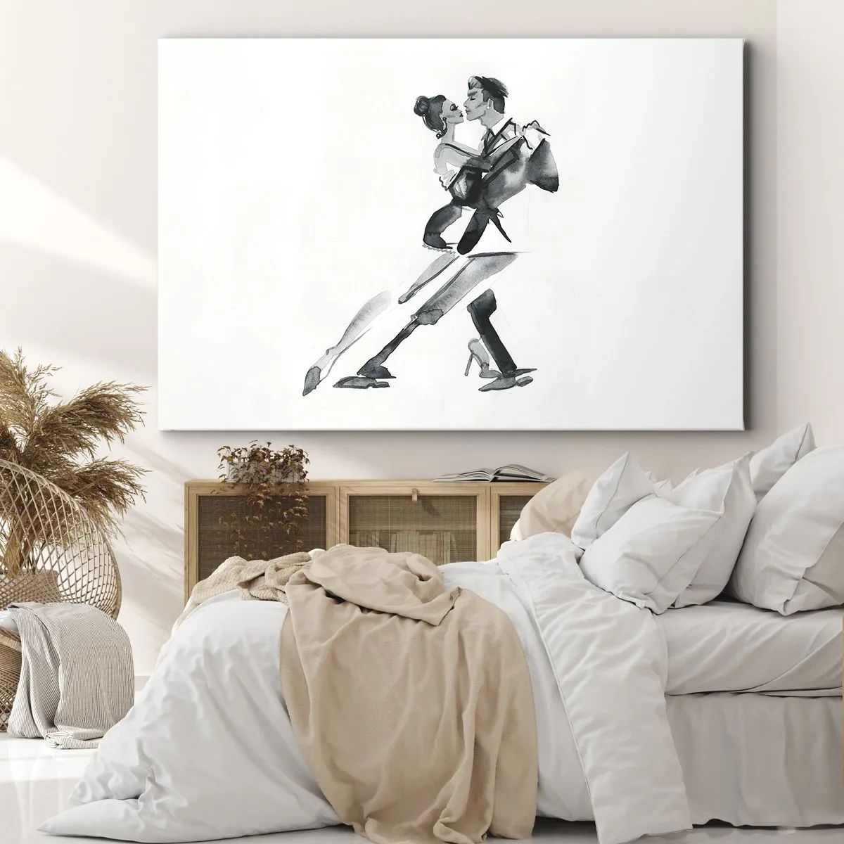 Obraz na plátně - Jemná ilustrace páru tančícího v monochromatickém stylu. - 70x50cm - V jednom rytmu - Moderní nástěnná dekorace do obývacího pokoje a ložnice ARTTOR