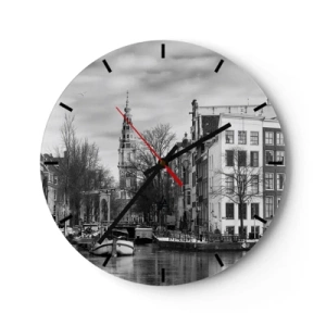Nástěnné hodiny - Černobílý pohled na kanál a městskou architekturu - 30x30cm - Amsterdamské vibrace - Moderní nástěnná dekorace do obývacího pokoje, kuchyně a ložnice ARTTOR