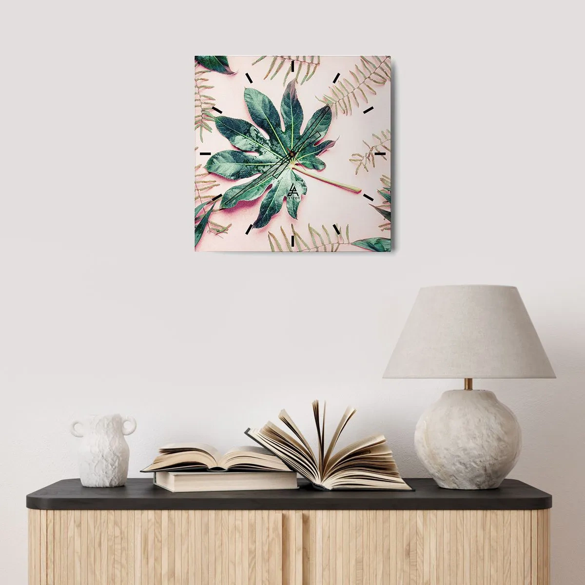 Nástěnné hodiny - Studie zelené na růžovém pozadí - 30x30 cm