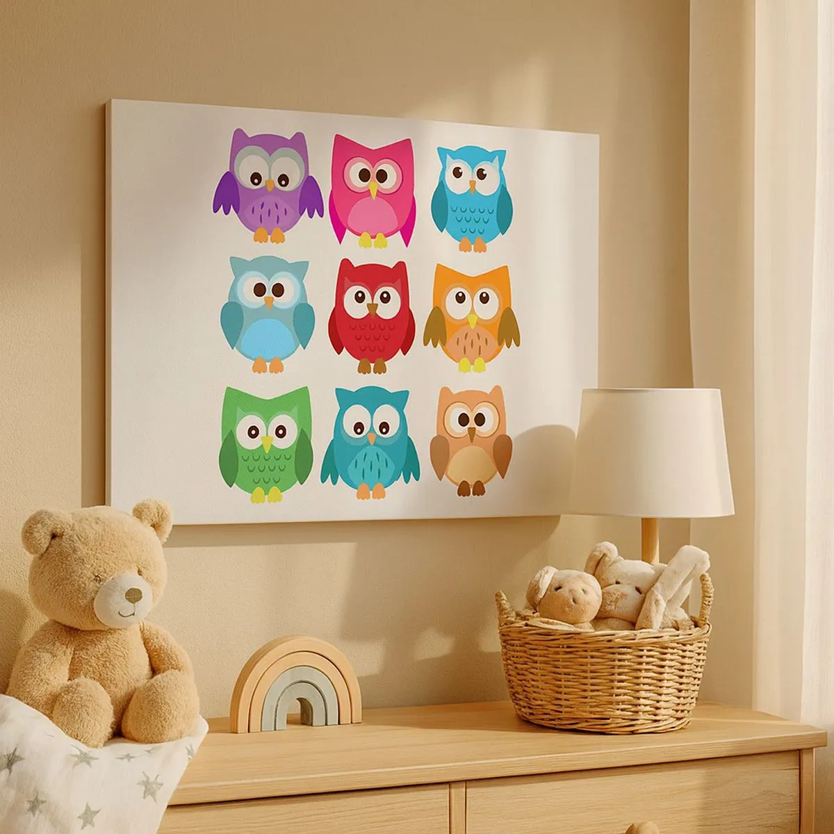 Obraz na plátně - Barevné ilustrace sov v dětském stylu - 70x50cm - Je zábavné být jiný - Moderní nástěnná dekorace do obývacího pokoje a ložnice ARTTOR