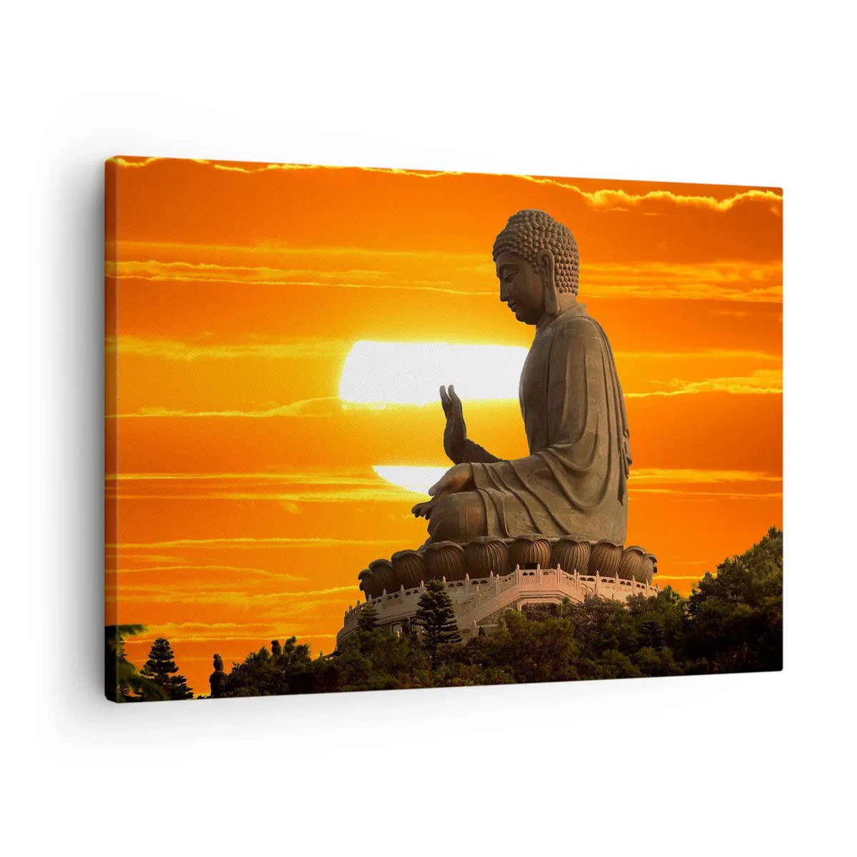 Obraz na plátně - Buddhistická socha na pozadí oranžového západu slunce - 70x50cm - Bez strachu ze světa - Moderní nástěnná dekorace do obývacího pokoje a ložnice ARTTOR