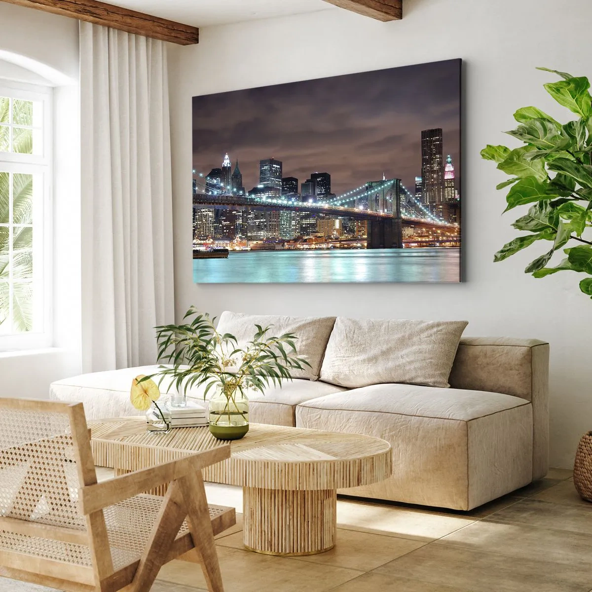 Obraz na plátně - Most osvětlený v noci na pozadí panoramatu moderního města - 70x50cm - Světla velkoměsta - Moderní nástěnná dekorace do obývacího pokoje a ložnice ARTTOR