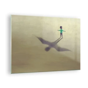 Obraz na skle - Chlapec se stínem ve tvaru ptáka na béžovém pozadí - 70x50cm - Hrdina budoucnosti - Moderní nástěnná dekorace do obývacího pokoje a ložnice ARTTOR