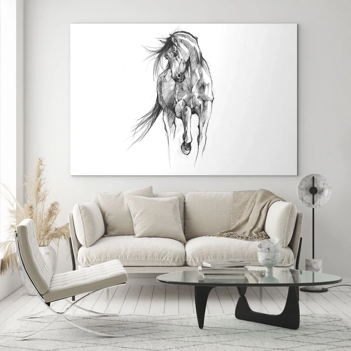 Obraz na skle - Skica cválajícího koně v minimalistickém stylu - 70x50cm - V ladném klusu - Moderní nástěnná dekorace do obývacího pokoje a ložnice ARTTOR