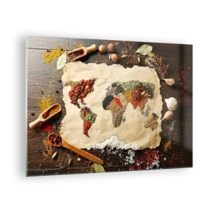 Obraz na skle - Mapa světa vyrobená z různých druhů koření na rustikálním pozadí. - 70x50cm - Všechny chutě světa - Moderní nástěnná dekorace do obývacího pokoje a ložnice ARTTOR