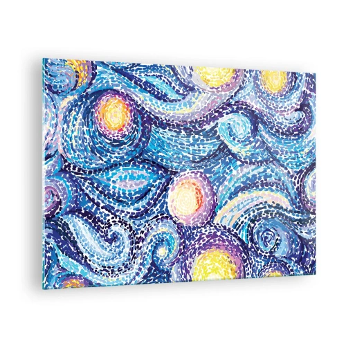 Obraz na skle - Abstraktní interpretace Hvězdné noci v intenzivních barvách - 70x50cm - Z obrazu van Gogha - Moderní nástěnná dekorace do obývacího pokoje a ložnice ARTTOR
