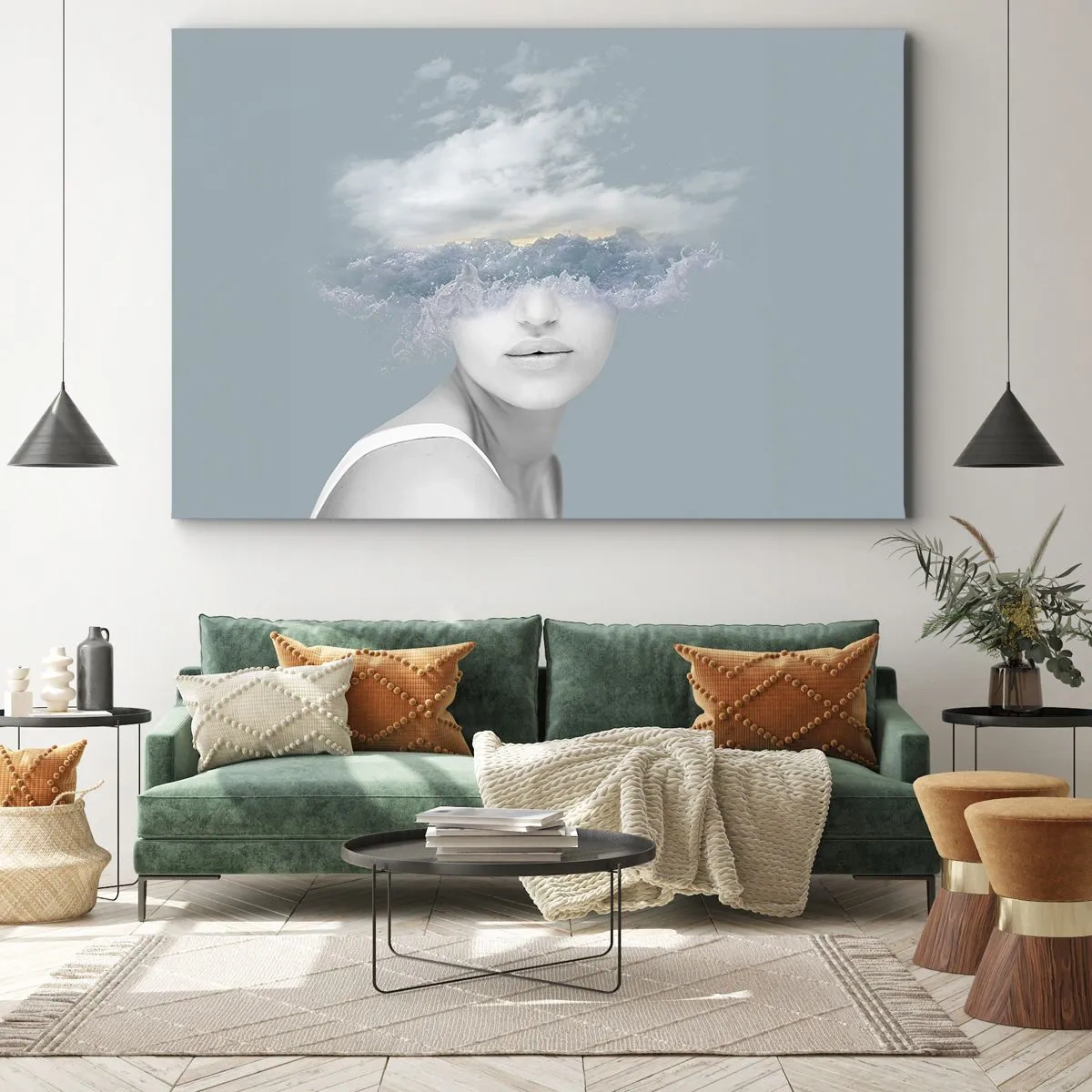 Obraz na plátně - Portrét ženy s tváří skrytou za mraky a vlnami - 70x50cm - S hlavou v oblacích - Moderní nástěnná dekorace do obývacího pokoje a ložnice ARTTOR