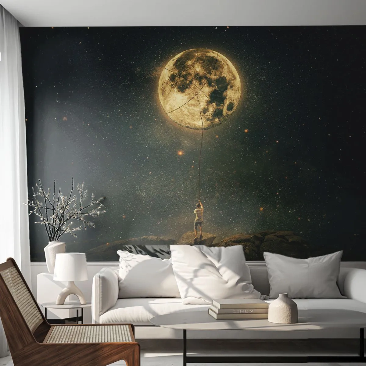 Fototapeta Samolepicí Deluxe Sticker - Kluk, který ukradl měsíc - Měsíc, hvězdy, Fantazie - 100x70 cm