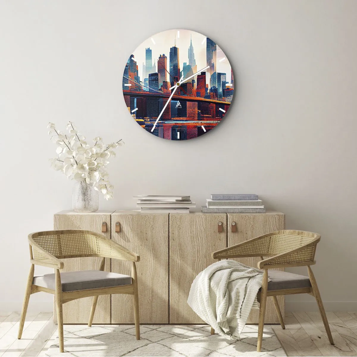 Nástěnné hodiny - Panorama New Yorku s mostem a odrazem ve vodě při západu slunce - 30x30cm - Famózní New York - Moderní nástěnná dekorace do obývacího pokoje, kuchyně a ložnice ARTTOR