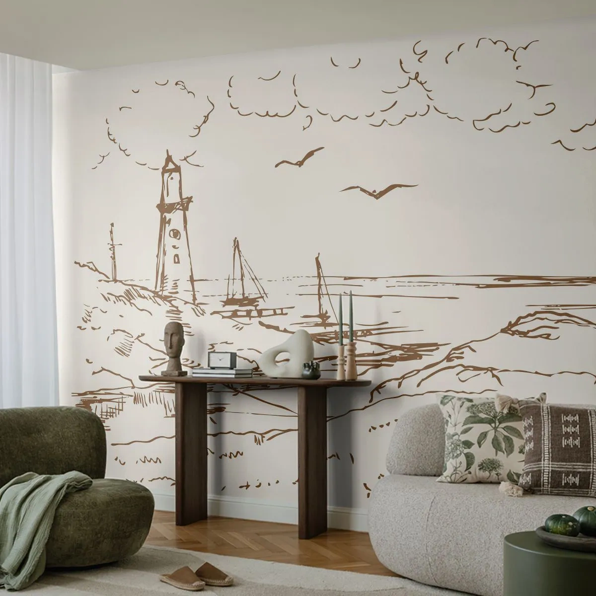 Fototapeta Premium Sand - Náčrt letních vzpomínek - Grafika, Pobřeží, Maják - 100x70 cm