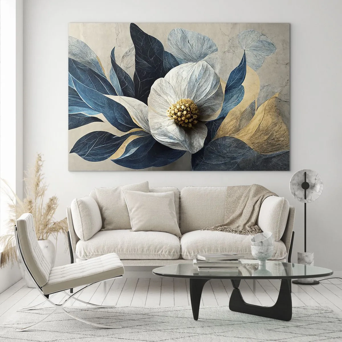 Obraz na skle - Bílá květinová výzdoba s tmavě modrými listy a zlatým středem - 70x50cm - Zlaté srdce - Moderní nástěnná dekorace do obývacího pokoje a ložnice ARTTOR