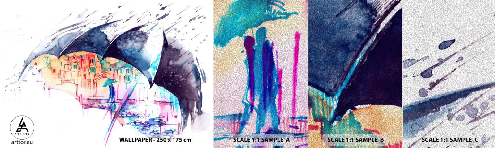 Vzor Fototapety Premium Sand - Procházka v dešti - Abstrakce, Deštník, Architektura - 100x30 cm