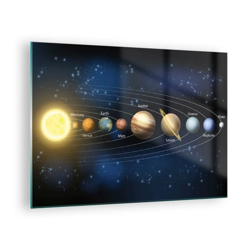 Obraz na skle - Sluneční soustava s planetami a hvězdami v pozadí - 70x50cm - Jedna z deseti - Moderní nástěnná dekorace do obývacího pokoje a ložnice ARTTOR