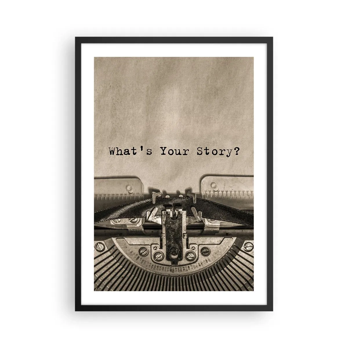 Plakát v černém rámu - Starý psací stroj s nápisem Jaký je tvůj příběh? - 50x70cm - Pověz mi - Moderní nástěnná dekorace do obývacího pokoje a ložnice ARTTOR