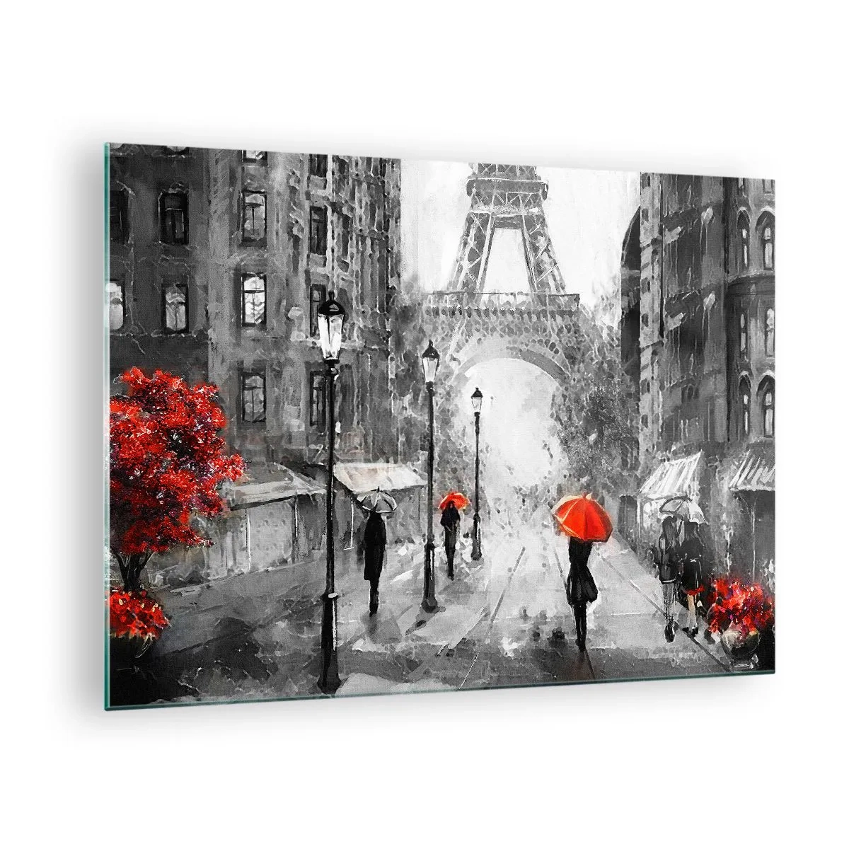 Obraz na skle - Eiffelova věž v monochromatické krajině s červenými akcenty - 70x50cm - Všechny cesty vedou k ní - Moderní nástěnná dekorace do obývacího pokoje a ložnice ARTTOR