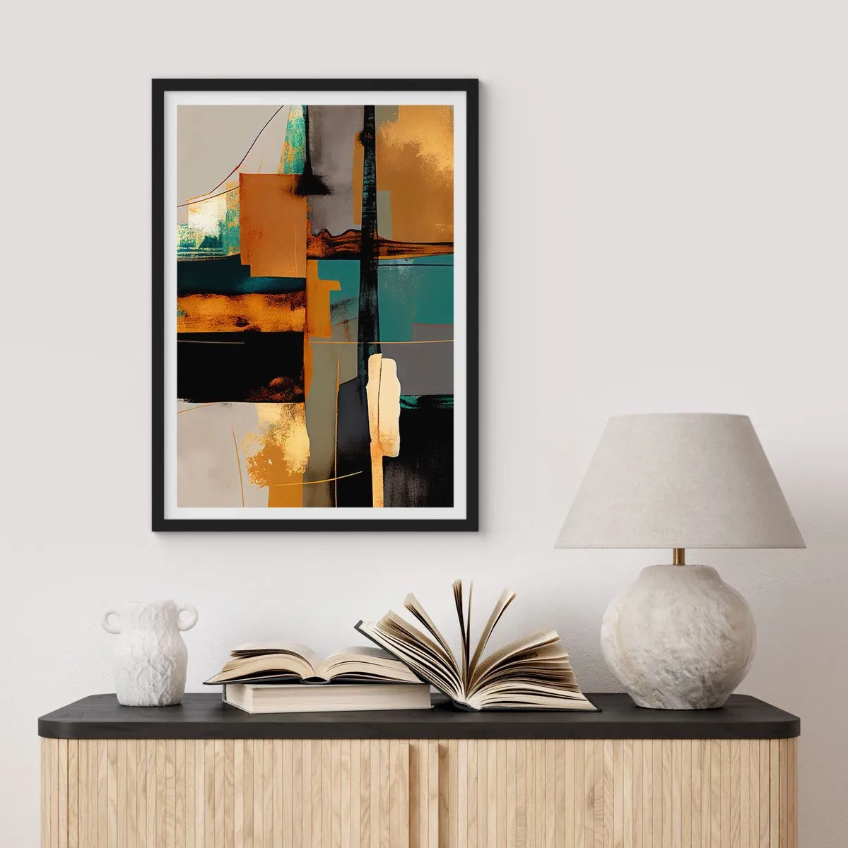 Plakát v černém rámu - Abstraktní kompozice v odstínech zlaté a tyrkysové - 50x70cm - Abstrakce – světlo a stín - Moderní nástěnná dekorace do obývacího pokoje a ložnice ARTTOR