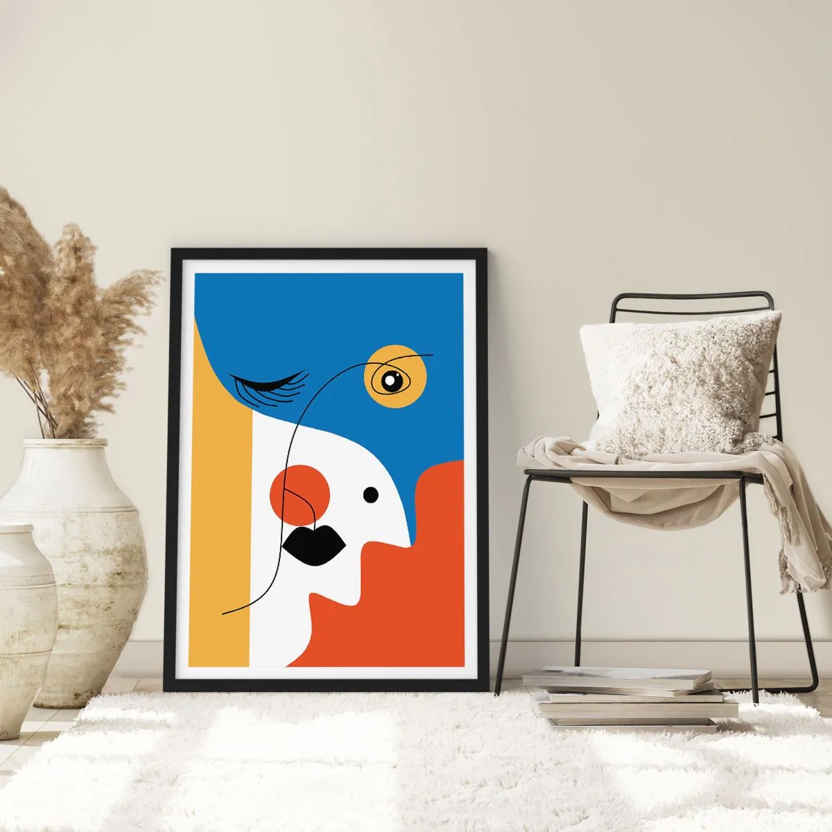 Plakát v černém rámu - Kubistický portrét v výrazných barvách - 50x70cm - Portrét: dekonstrukce - Moderní nástěnná dekorace do obývacího pokoje a ložnice ARTTOR