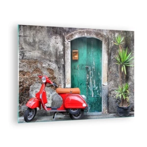 Obraz na skle - Červený skútr proti zeleným dveřím - 70x50cm - Italské prázdniny - Moderní nástěnná dekorace do obývacího pokoje a ložnice ARTTOR