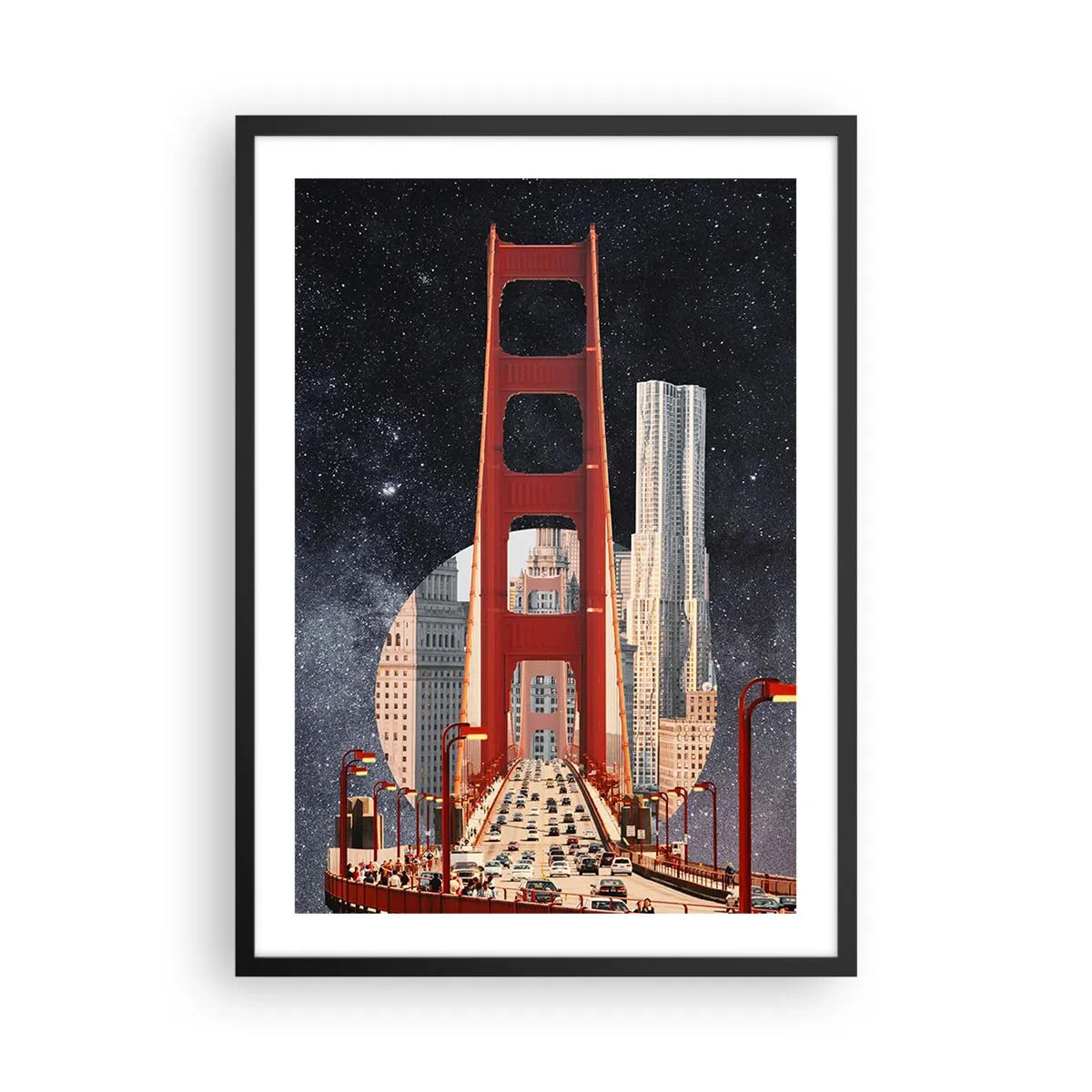 Plakát v černém rámu - Most a mrakodrapy proti hvězdné obloze - 50x70cm - Vždy uprostřed - Moderní nástěnná dekorace do obývacího pokoje a ložnice ARTTOR
