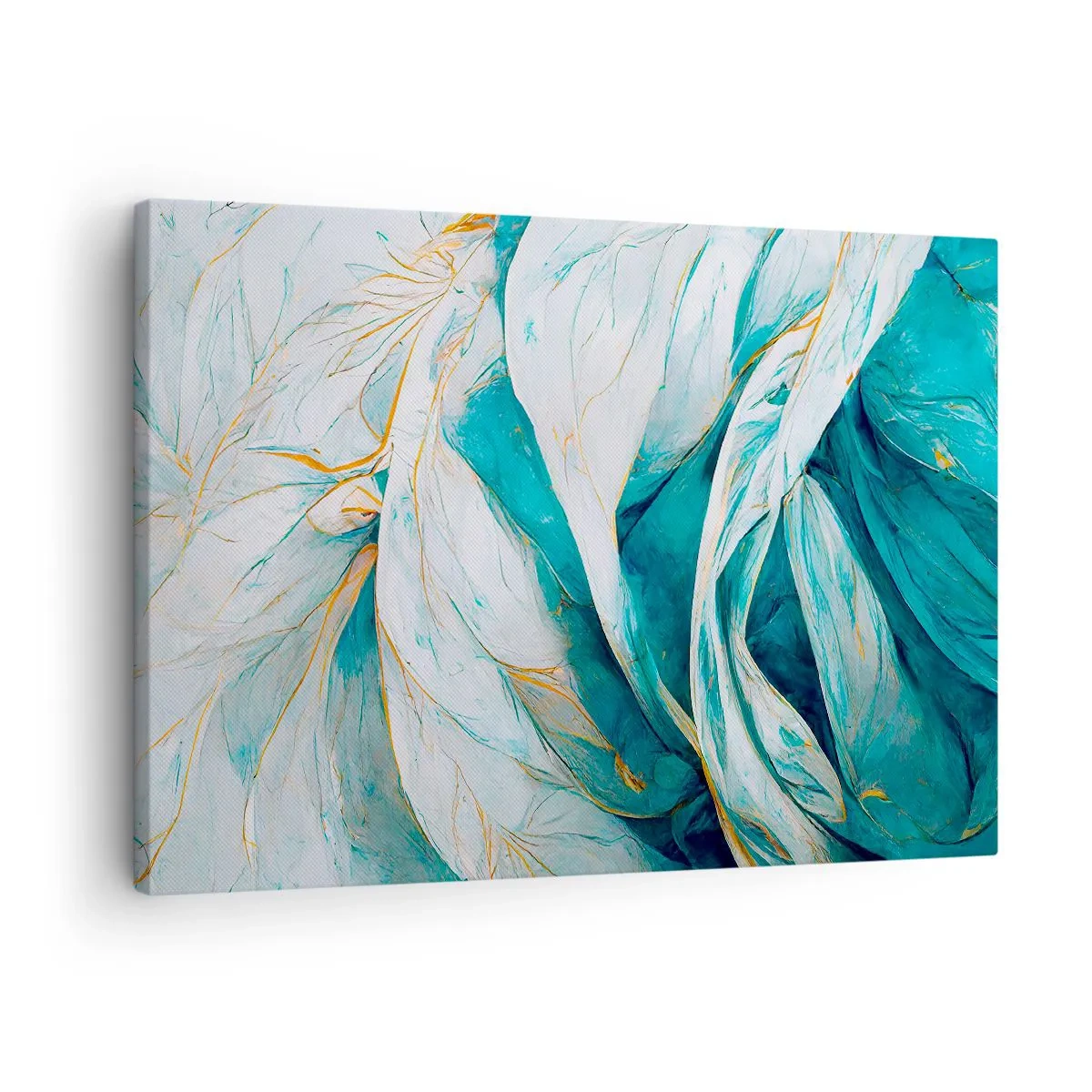 Obraz na plátně - Abstraktní modré listy se zlatými detaily - 70x50cm - Modrá abstrakce se zlatým motivem - Moderní nástěnná dekorace do obývacího pokoje a ložnice ARTTOR