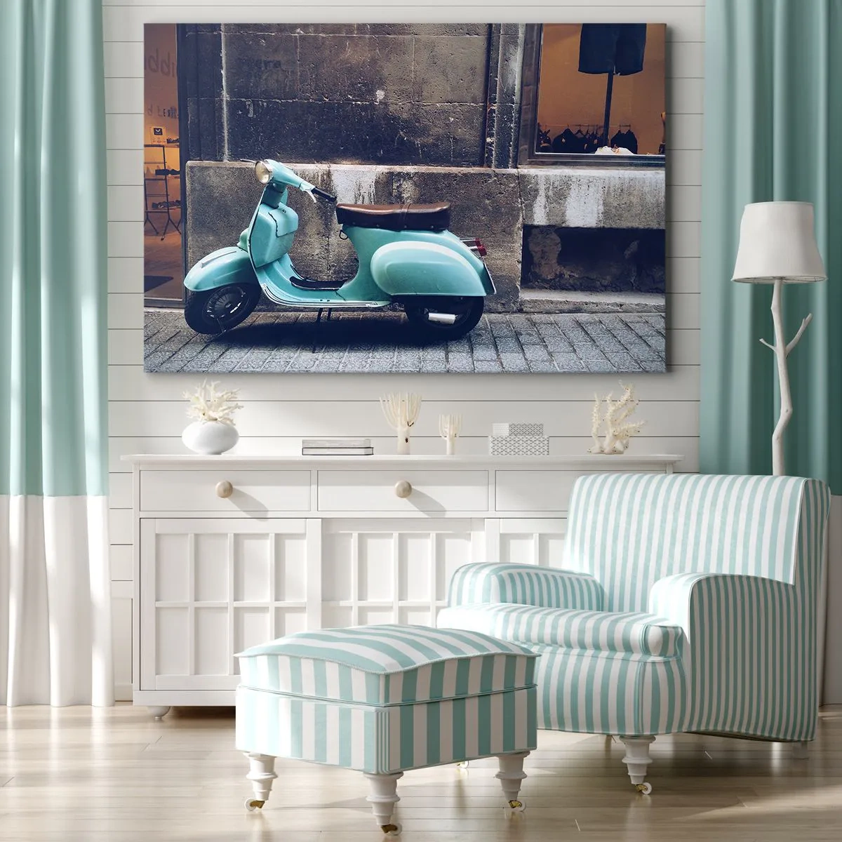 Obraz na plátně - Retro skútr zaparkovaný u kamenné zdi - 70x50cm - Nezapomenutelná nálada - Moderní nástěnná dekorace do obývacího pokoje a ložnice ARTTOR