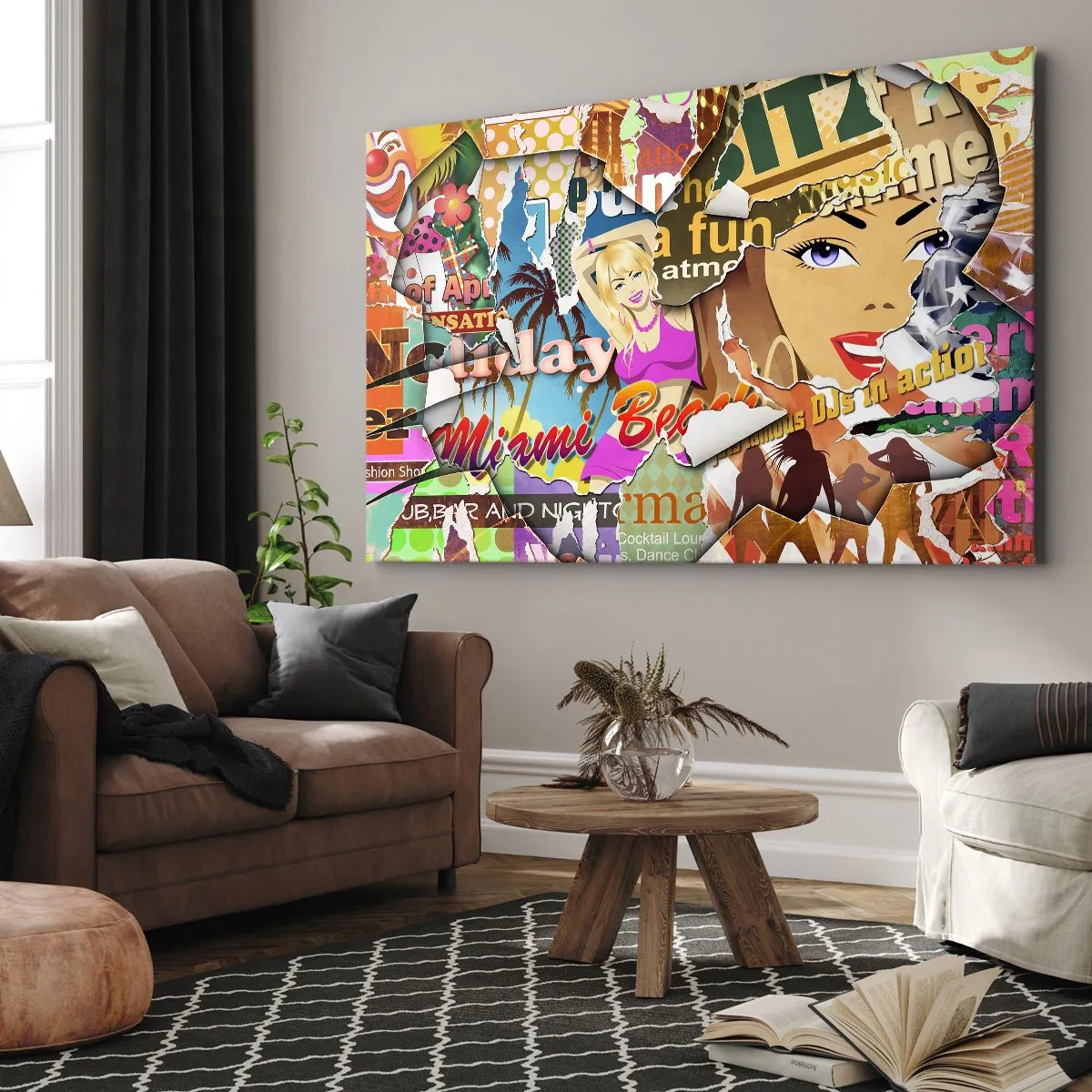 Obraz na plátně - Barevná koláž s prvky retro a pop artu. - 70x50cm - Prázdninové retrospektiva - Moderní nástěnná dekorace do obývacího pokoje a ložnice ARTTOR