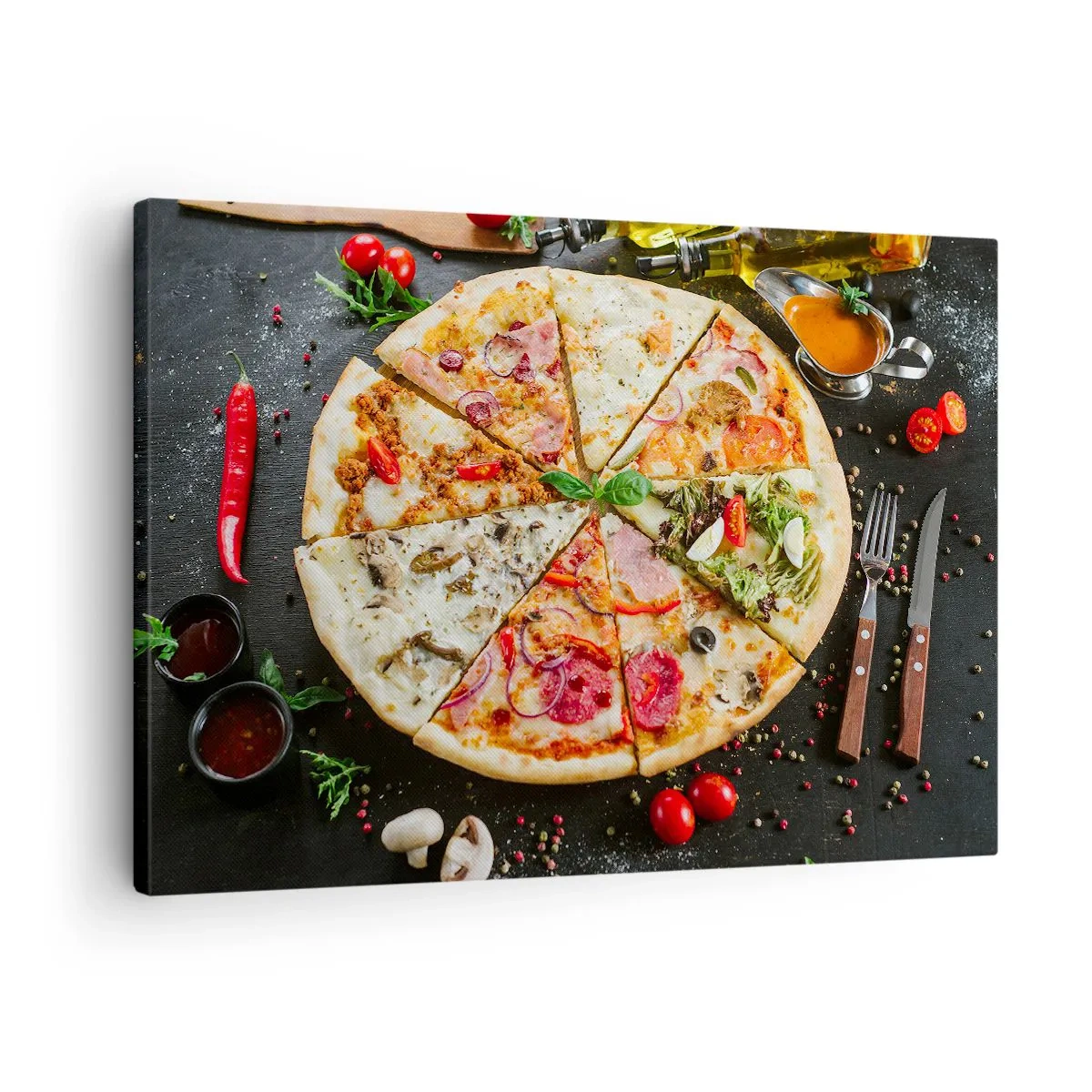 Obraz na plátně - Pizza v různých příchutích s pozadím z ingrediencí - 70x50cm - Vějíř chutí - Moderní nástěnná dekorace do obývacího pokoje a ložnice ARTTOR