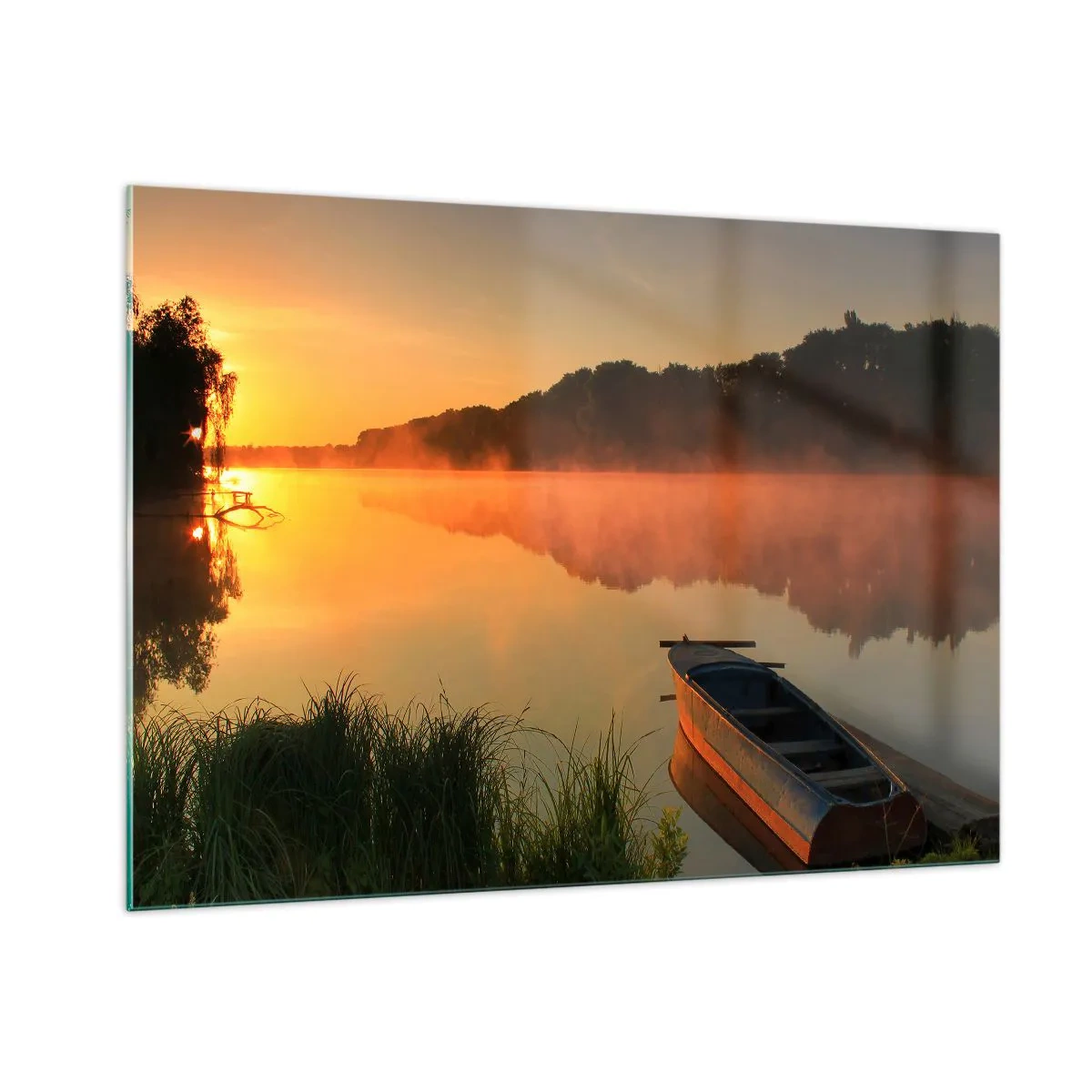 Obraz na skle - Východ slunce u vody jako povrch zrcadla - 100x70 cm