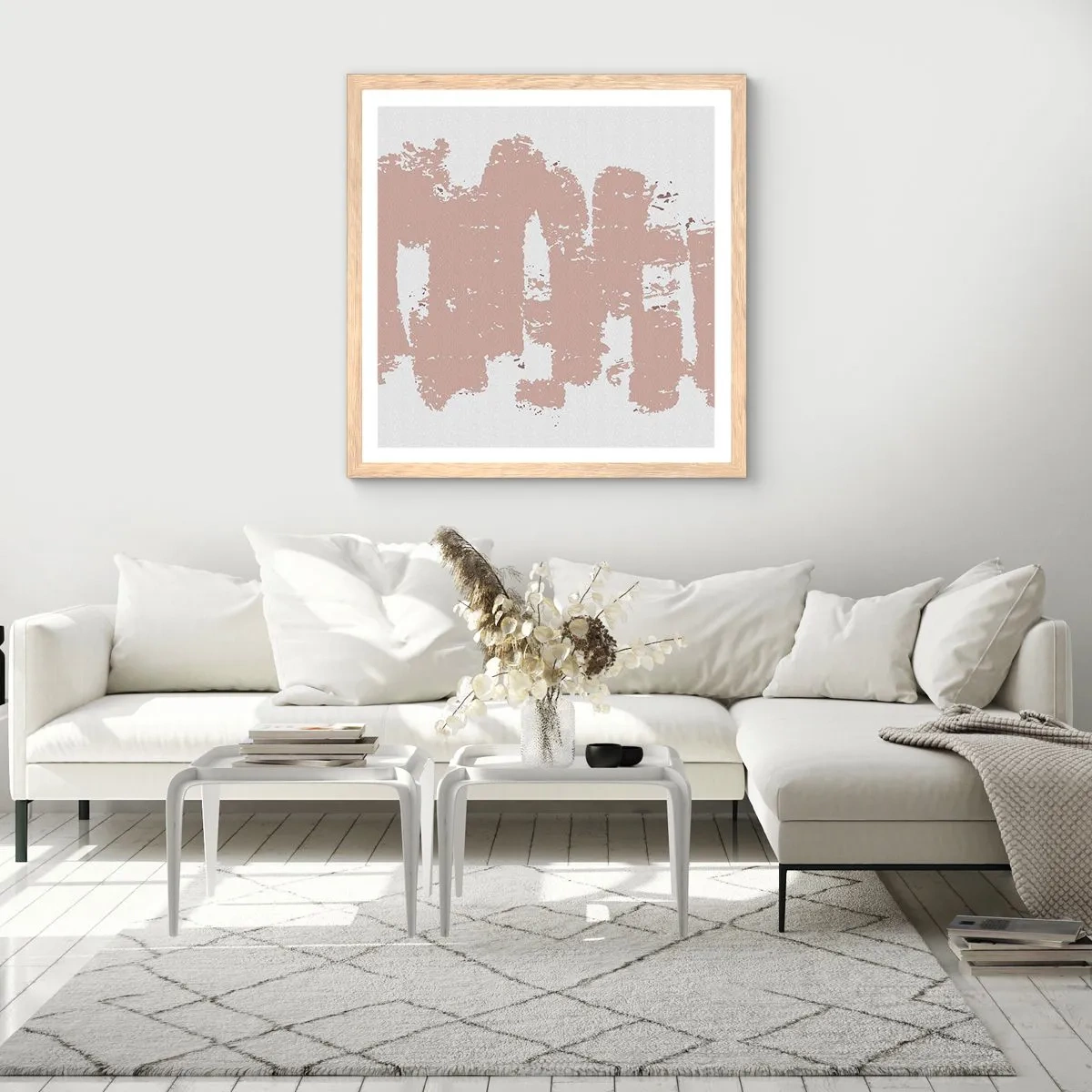 Plakát v rámu světlý dub - Abstrakce v jemné růžové - 40x40 cm