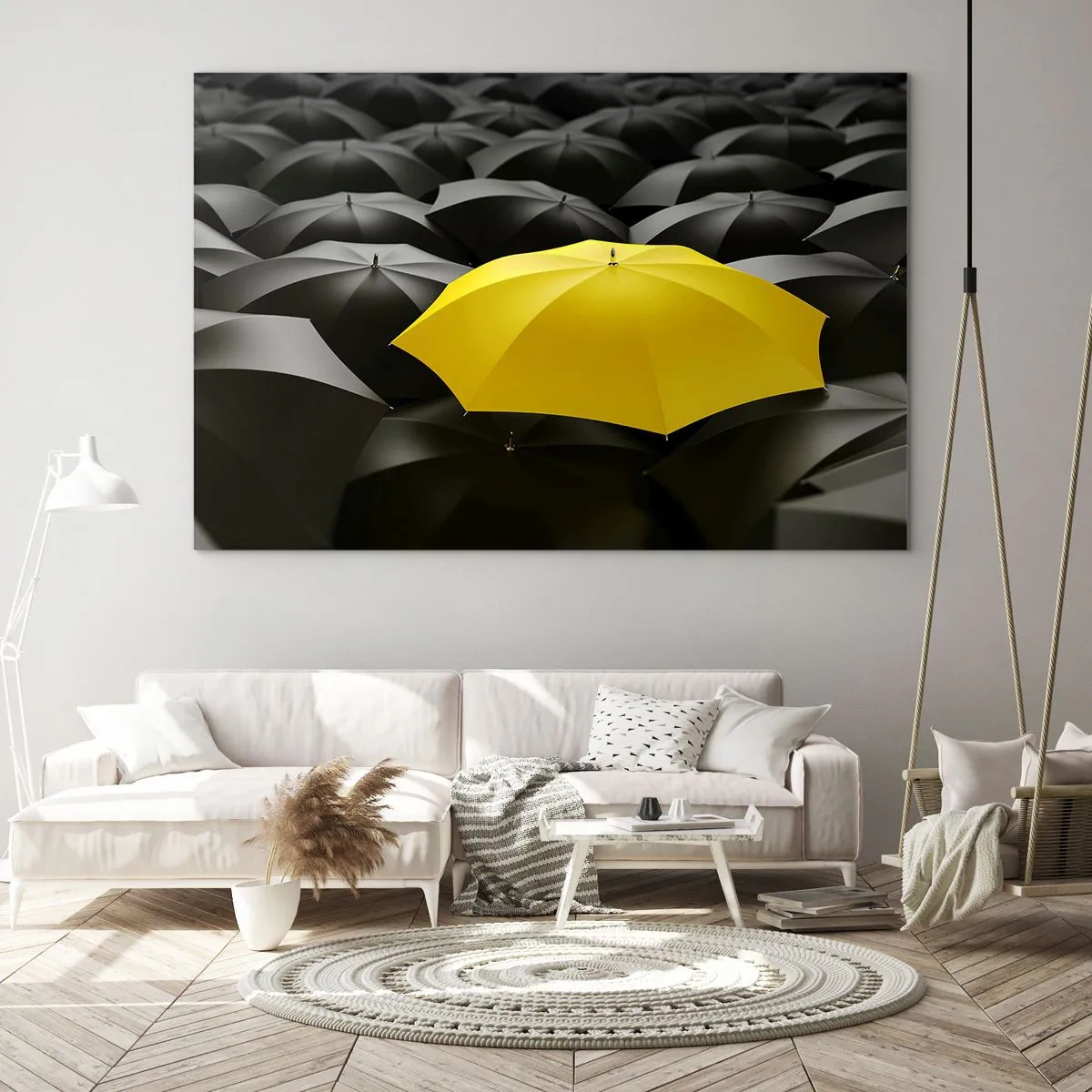 Obraz na skle - Žlutý deštník vyčnívající mezi černými - 70x50cm - Sbohem smutku - Moderní nástěnná dekorace do obývacího pokoje a ložnice ARTTOR