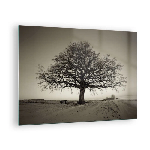 Obraz na skle - Osamělý strom v monochromatické krajině - 70x50cm - Odtud až na věčnost - Moderní nástěnná dekorace do obývacího pokoje a ložnice ARTTOR