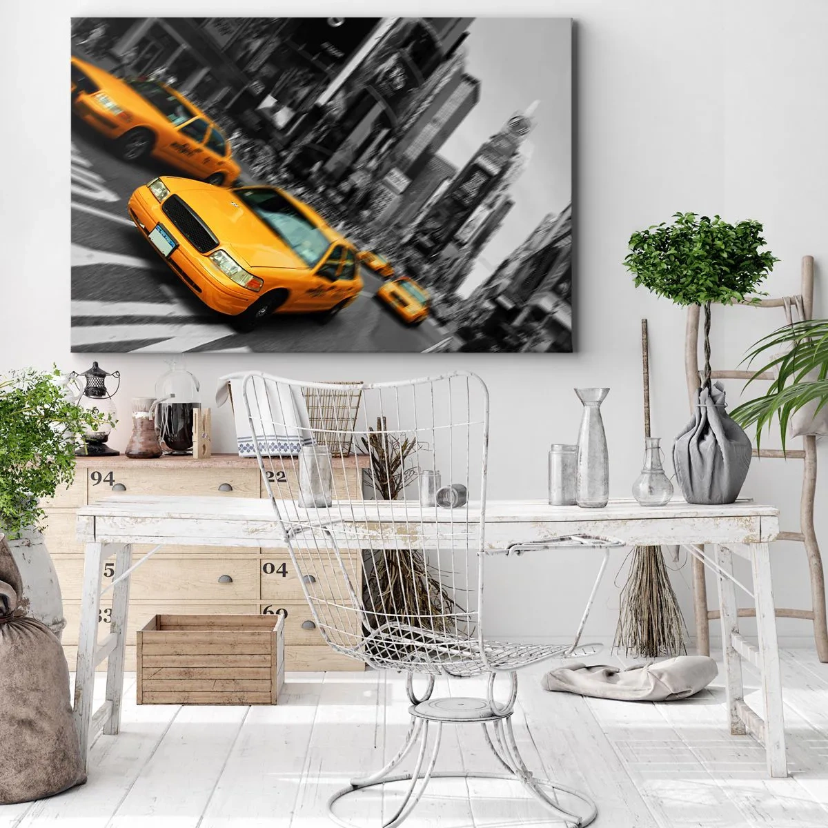Obraz na plátně - Žluté taxíky na rušné křižovatce města - 70x50cm - Newyorské kapky slunce - Moderní nástěnná dekorace do obývacího pokoje a ložnice ARTTOR