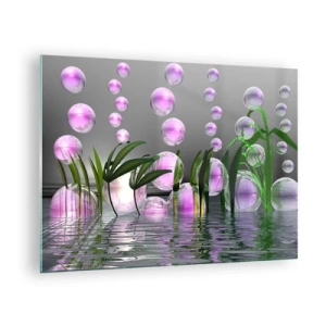 Obraz na skle - Fialové bubliny plovoucí nad vodou s rostlinami - 70x50cm - Reflexní kompozice lehkosti a života - Moderní nástěnná dekorace do obývacího pokoje a ložnice ARTTOR