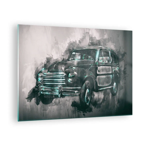 Obraz na skle - Staré auto v odstínech šedé a tyrkysové - 70x50cm - Ctěný předek - Moderní nástěnná dekorace do obývacího pokoje a ložnice ARTTOR