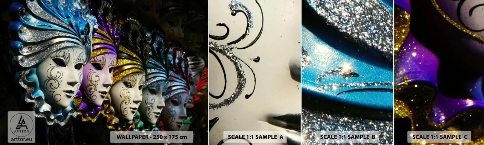 Vzor Fototapety Samolepicí Deluxe Sticker - Tajemství ve zlaté a ve stříbrné - Benátská maska, Benátky, Karneval - 100x30 cm