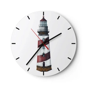 Nástěnné hodiny - Maják s červenými a bílými pruhy na bílém pozadí - 30x30cm - Vždy na stráži - Moderní nástěnná dekorace do obývacího pokoje, kuchyně a ložnice ARTTOR