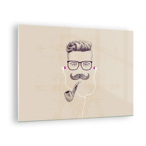 Obraz na skle - Kresba stylizovaného muže s brýlemi, knírem a dýmkou. - 70x50cm - Skutečný muž? - Moderní nástěnná dekorace do obývacího pokoje a ložnice ARTTOR