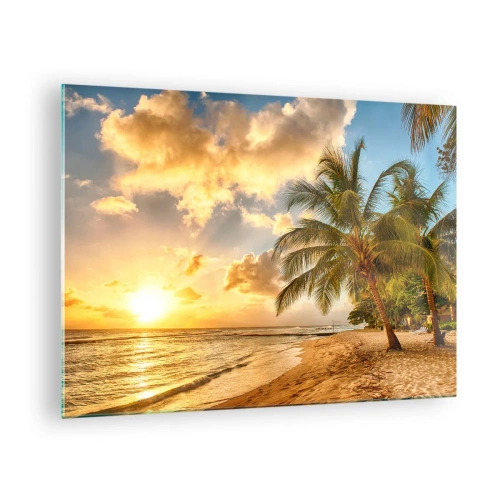 Obraz na skle - Palmová pláž při západu slunce s teplými barvami oblohy - 70x50cm - Věčné léto, vždy prázdniny - Moderní nástěnná dekorace do obývacího pokoje a ložnice ARTTOR