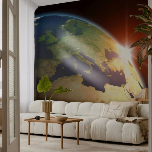 Fototapeta Standard Eco - Východ slunce - Kosmos, Zeměkoule, Kontinenty - 500x350 cm